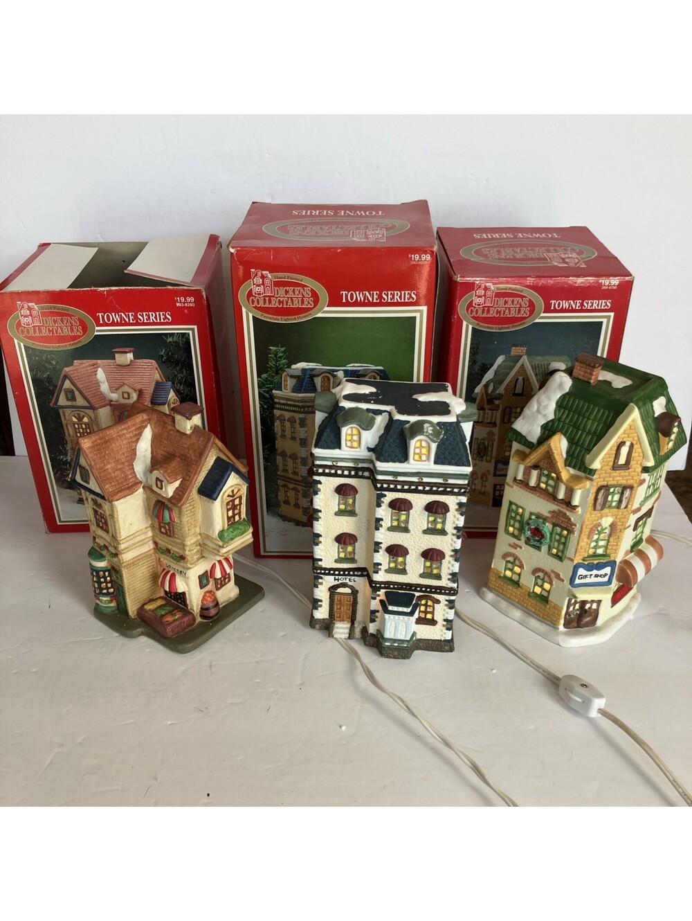 Lot Of 3 Dickens Collectables Towne Series porcelain Town Shops Light Up Works